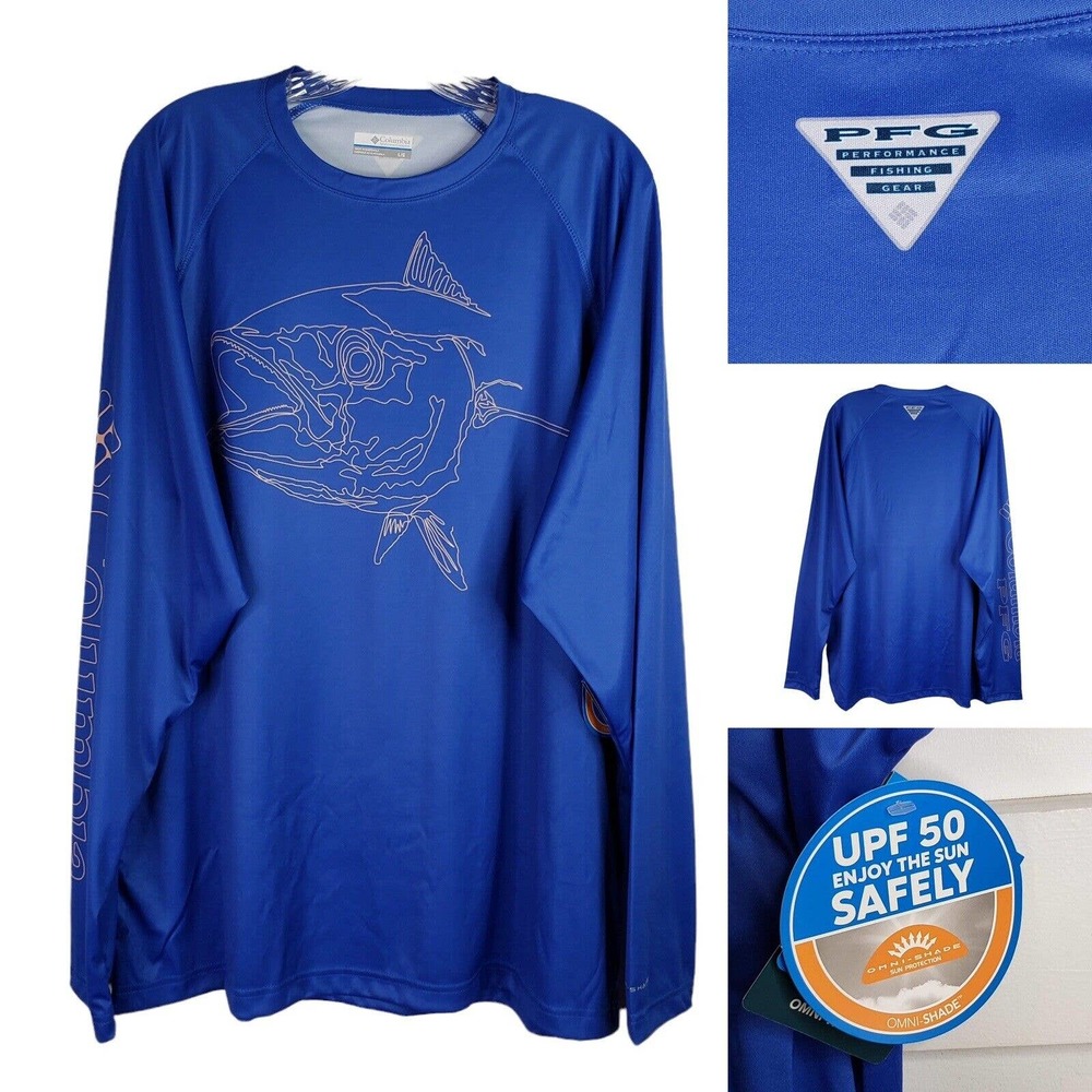 Columbia PFG Men’s Large Blue Fish Logo Print Omni-Shade Wick LS T-Shirt UPF 50